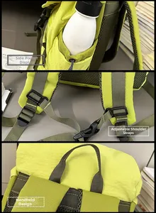 Details verstellbarer Riemen und elastischer Seitentasche am neongrünen Kinderrucksack