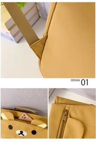 Detail view of cartoon bear backpack featuring yellow canvas texture and durable straps