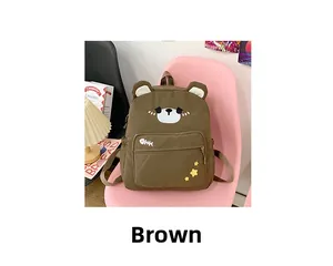 Detail of cute brown bear kids backpack with cartoon ears and fishbone embroidery