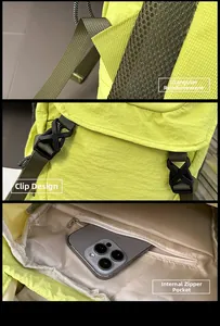 Detailansicht verstärkter Träger, Kunststoffschnalle und Reißverschluss-Innentasche am Rucksack