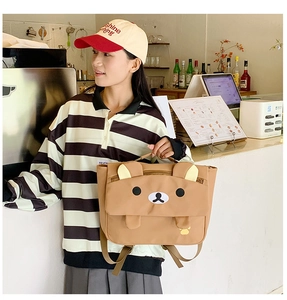 Detailed view of the cute cartoon bear face design on a large capacity kids backpack