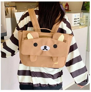 Detailed view of large capacity cartoon bear backpack with 3D ears and embroidered face