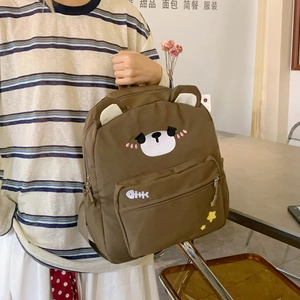 Cute brown cartoon bear backpack for kids with 3D ears and durable waterproof fabric