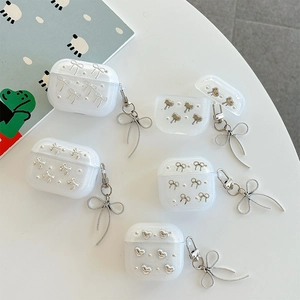 Glitter clear AirPods case with silver metal bow and pearl charm for Pro and 3rd gen