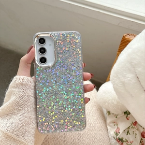 Macro shot of glittery sequin phone case with raised silver camera bezel protection