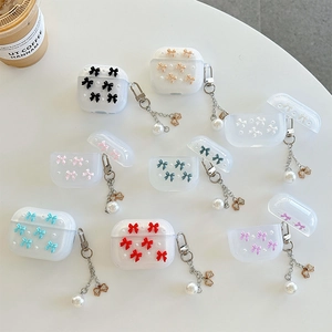 Pearls and 3D bows decorated earbuds case for AirPods with pearl pendant keychain