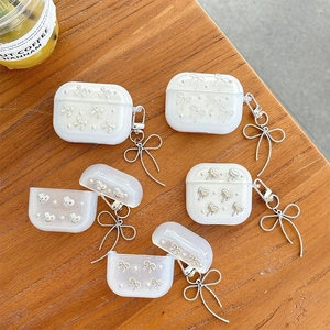 Pearlescent bow design protective case with silver pendant for AirPods Pro and 1/2/3/4