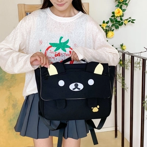 Cute black bear canvas backpack with 3D ears and cartoon embroidery for kids