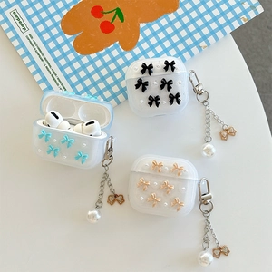 Glitter pearl bow protective cases for AirPods with elegant silver metal chains