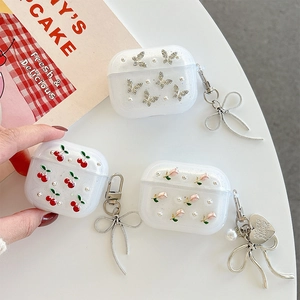 Glitzer Hülle für AirPods Pro mit Kirsch- und Tulpenmuster sowie Schleifen-Anhänger