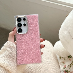 Close-up of pink glitter sequins phone case for Samsung Galaxy with silver camera rings