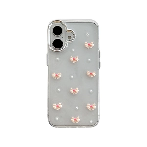 Clear iPhone case with silver electroplated edges and 3D pink bows with pearls