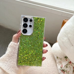Close-up of glittery green Samsung phone case with protective metal camera lens ring