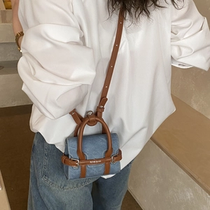 Mini sac à bandoulière en denim et cuir marron pour enfants avec sangle réglable