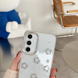 Detail of glitter phone case with silver metal flowers and pearls for Samsung S25