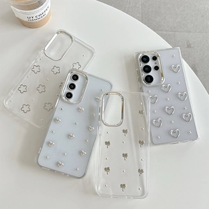 Ins Style TPU Phone Case With Glitter Epoxy Silver Hollow Heart Flower And Artificial Pearl For Women Fashionable Protective Cover