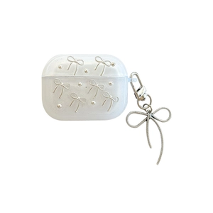 Glitter case for AirPods Pro with 3D silver bow and pearl pendant on white background