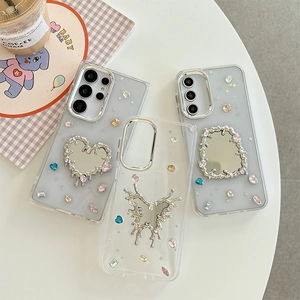 Y2K style heart butterfly mirror case with rhinestones for Samsung S25 Ultra