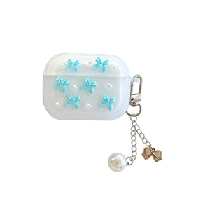 Glittery AirPods case with blue bow and pearl charm for Apple Airpods 4 and Pro models