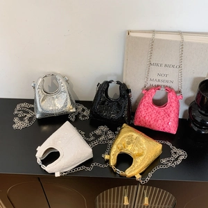 Mini Kids Shoulder Bag PU Leather Metallic Quilted Chain Strap Handbag For Boys Girls Fashion Solid Color Tiny Purse