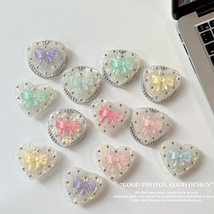 Heart Shaped Phone Grip Iridescent Resin Folding Socket Stand With 3D Bow And Rhinestone Decoration Sweet Style