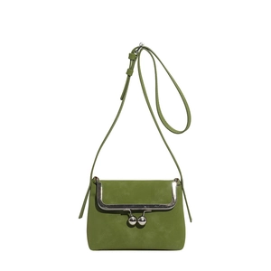 Retro grass green crossbody shell bag with silver metal kiss-lock frame closure