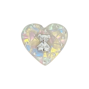 Support téléphone ours laser iridescent avec cœur en strass et base mosaïque nacrée