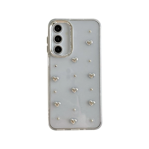 Translucent blue phone case for Samsung with 3D silver heart charms and electroplated edges