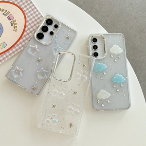 Glittery Samsung S25 case set with 3D cloud, cherry, and star rhinestone designs