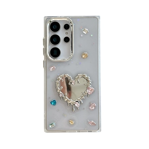 Samsung S24 Ultra phone case with silver heart mirror and colorful rhinestones