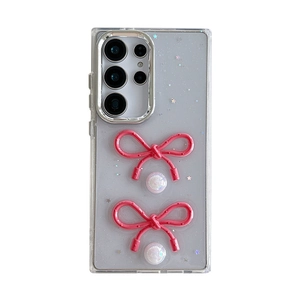 Glitter transparent case for Samsung Galaxy with 3D pink bows and pearl accents