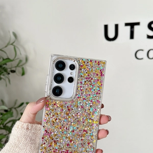 Macro detail of the Samsung Galaxy case with multi-color glitter sequins and shiny finish