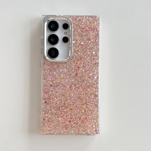 Detail of pink glitter and gold sequins on a sparkling Samsung Galaxy S25 case