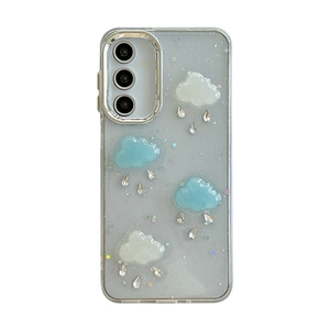 Transparent glitter phone case with 3D blue clouds and rhinestones for Samsung Galaxy
