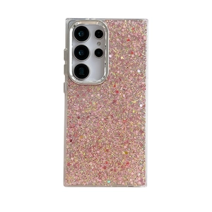 Pink glitter phone case with sparkling sequins and silver metal camera protection frame