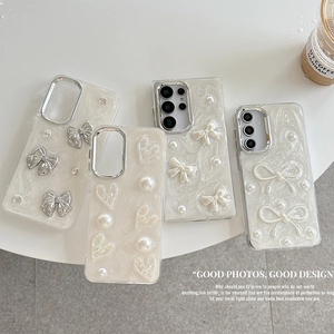 Bowknot Artificial Pearl Heart Glitter Phone Case TPU Shell Elegant Style Shockproof Protective Cover For Women Lady Girls