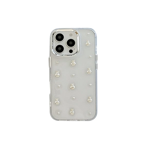 Clear iPhone case for 17 16 15 Pro Max with silver bee metal accents on white background
