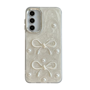 Pearlescent white Samsung S24 Ultra case with 3D bows and elegant pearl accents