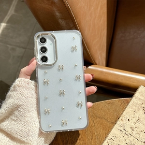 Glitzernde hellblaue Handyhülle mit 3D-Silberschleife und Perlen für Samsung S25 Ultra