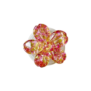 Sparkling pink floral phone socket grip with gold glitter in clear acrylic material