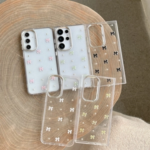 Clear glitter phone case with 3D bow and pearls for Samsung S25 Ultra in five colors