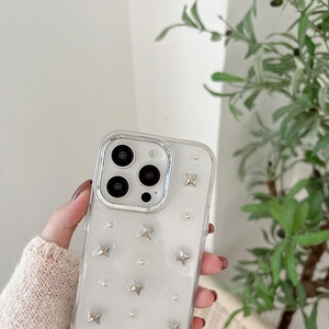 Fashionable transparent iPhone case featuring silver star studs and elegant pearls detail