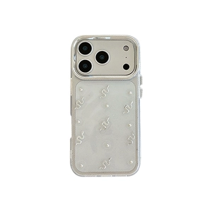 iPhone transparent glitter case with silver snakeskin relief and pearl accents