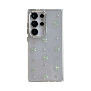 Clear glitter case for Samsung S25 Ultra featuring 3D green bows and silver accents