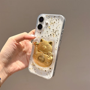 Hand holding iPhone case with gold foil and 3D Lucky Cat holder with Fu character