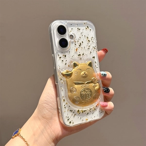 Lucky cat iPhone case with gold foil glitter and 3D fortune cat charm for iPhone 16 Pro Max