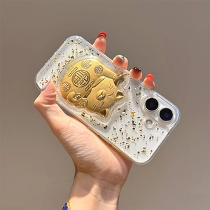 Macro shot of 3D lucky cat figurine with gold leaf inside a clear iPhone 16 phone case