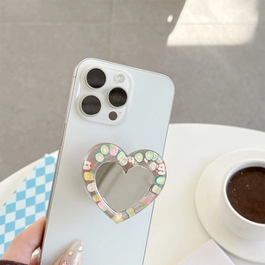 Glitter heart phone mirror grip with colorful fruit slices for creative phone support