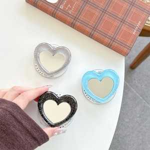 Glitter heart-shaped foldable phone stand with makeup mirror in various colors