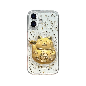 iPhone case with gold foil flakes and 3D lucky cat design for New Year celebration